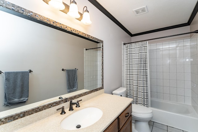 3415 Lake St NW, Rochester, MN 55901 - full bathroom featuring vanity, ornamental molding, shower / bath combination with curtain, and tile patterned flooring