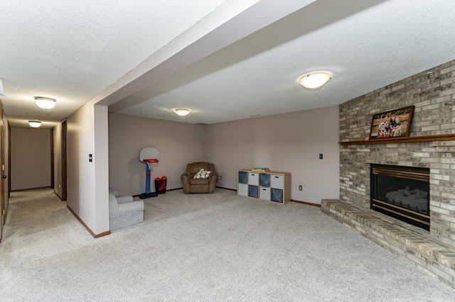3415 Lake St NW, Rochester, MN 55901 - below grade area with light carpet, a textured ceiling, and a fireplace