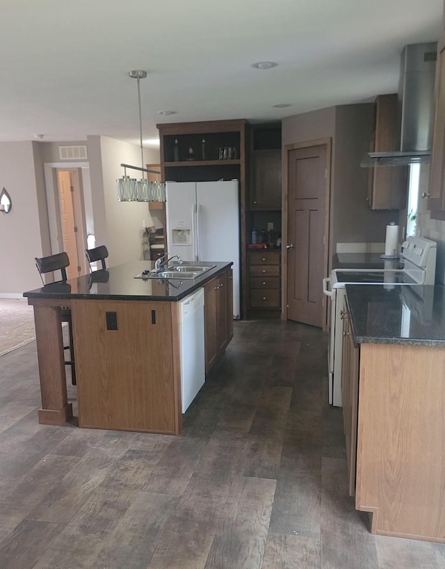 4247 Crow Wing Cir SW, Sylvan Twp, MN 56473 - kitchen featuring white appliances, wall chimney range hood, open shelves, a kitchen island, and dark wood-style floors