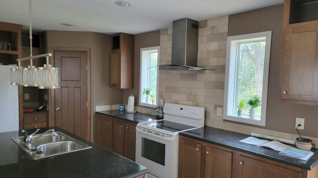 4247 Crow Wing Cir SW, Sylvan Twp, MN 56473 - kitchen featuring wall chimney range hood, white range with electric cooktop, dark countertops, and tasteful backsplash