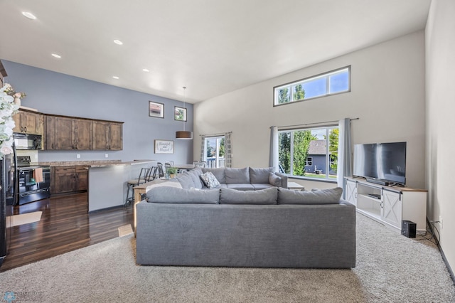5543 Tuscan Ct S, Fargo, ND 58104 - living room with recessed lighting, a towering ceiling, dark wood-type flooring, and dark carpet