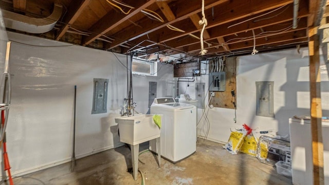806 8th St SW, Willmar, MN 56201 - unfinished basement featuring electric panel and washer and clothes dryer
