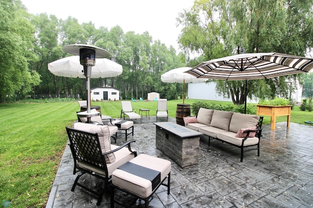 1307 Libra Ln, Fargo, ND 58104 - view of patio / terrace with an outdoor hangout area, a storage unit, and view of wooded area
