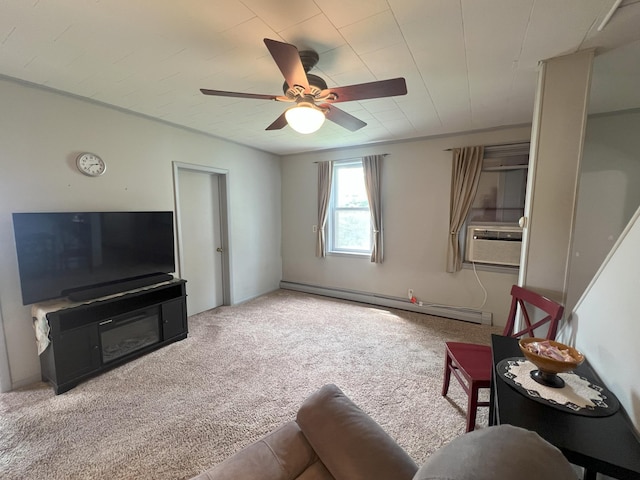 208 Benton St W, Cologne, MN 55322 - living area featuring baseboard heating, a ceiling fan, carpet, and cooling unit