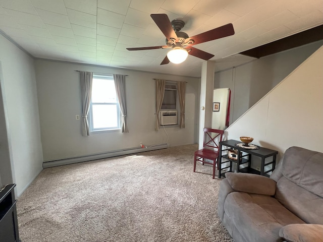 208 Benton St W, Cologne, MN 55322 - living area featuring carpet flooring, a ceiling fan, baseboard heating, and cooling unit
