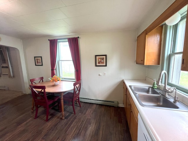 208 Benton St W, Cologne, MN 55322 - kitchen featuring dark wood-type flooring, healthy amount of natural light, light countertops, and a baseboard heating unit