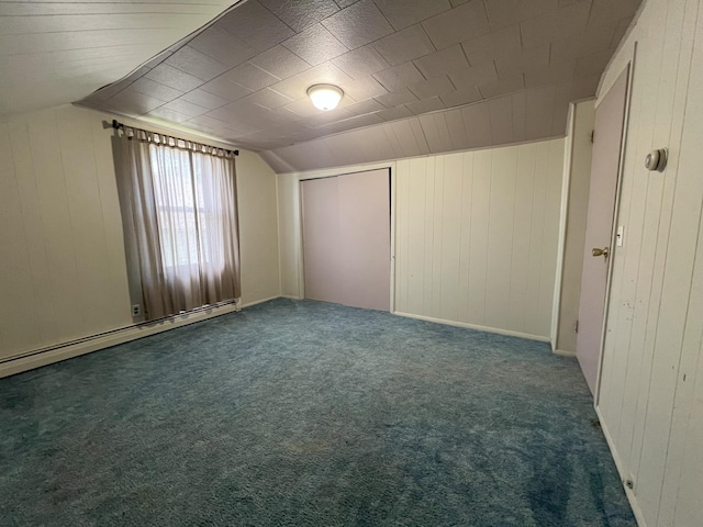 208 Benton St W, Cologne, MN 55322 - carpeted spare room featuring wood walls, vaulted ceiling, and a baseboard radiator