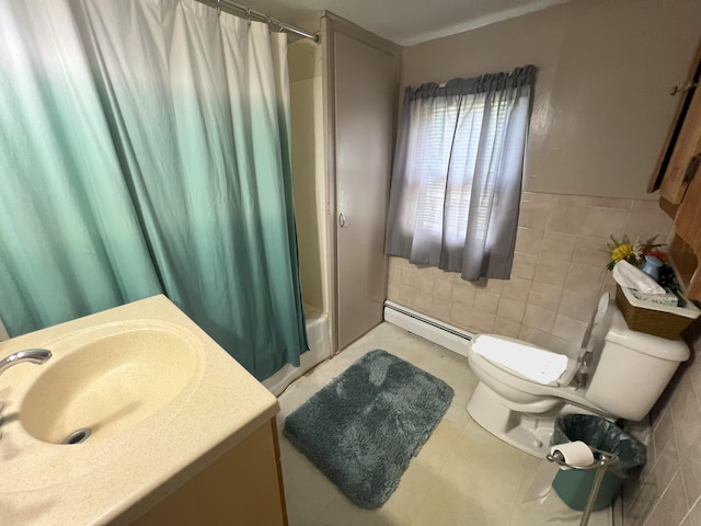 208 Benton St W, Cologne, MN 55322 - bathroom featuring tile walls, a baseboard heating unit, shower / bathtub combination with curtain, vanity, and a wainscoted wall