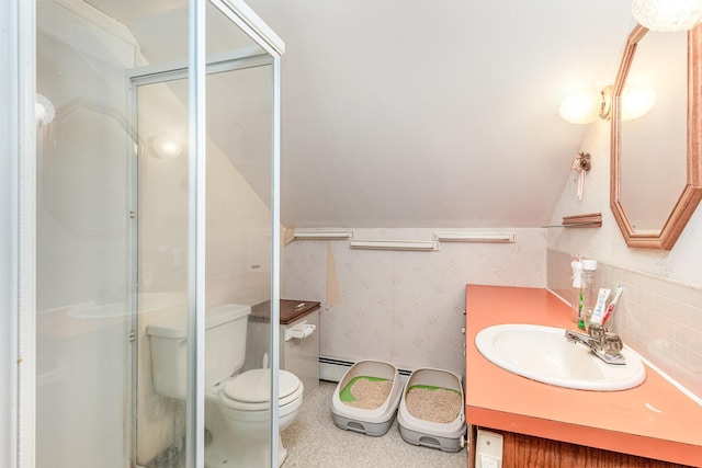 41793 Kilkenny Rd, Kilkenny, MN 56052 - full bath featuring a stall shower, vanity, vaulted ceiling, and a baseboard heating unit