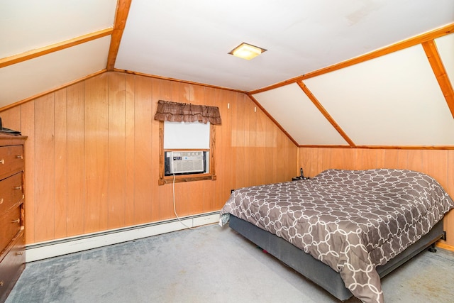 41793 Kilkenny Rd, Kilkenny, MN 56052 - carpeted bedroom featuring a baseboard heating unit, lofted ceiling, wooden walls, and cooling unit