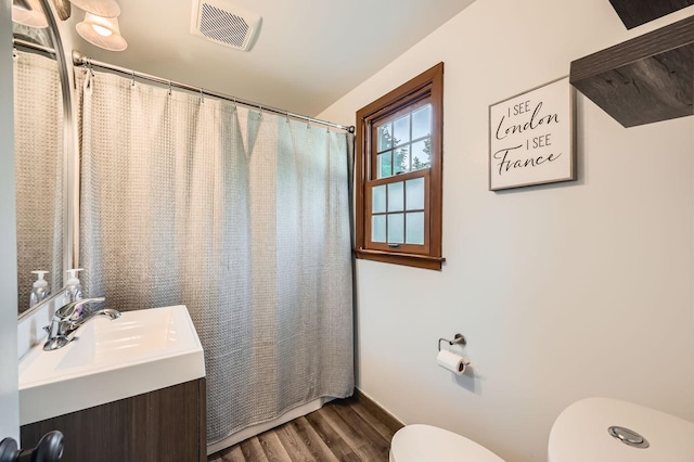 457 108th Ln NW, Coon Rapids, MN 55448 - bathroom featuring wood finished floors, vanity, and a shower with shower curtain
