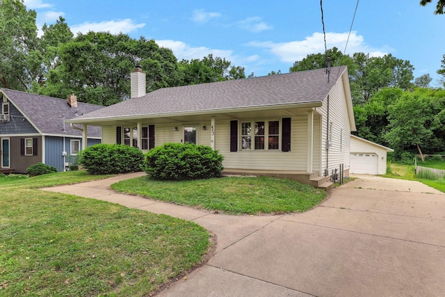 453 Van Dyke St, Saint Paul, MN 55119 - ranch-style house featuring an outdoor structure, a front lawn, a garage, and a chimney