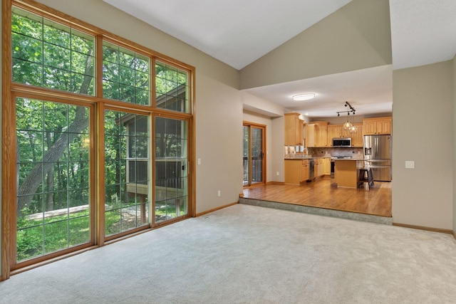 4116 River Run, Savage, MN 55378 - unfurnished living room featuring light colored carpet and lofted ceiling