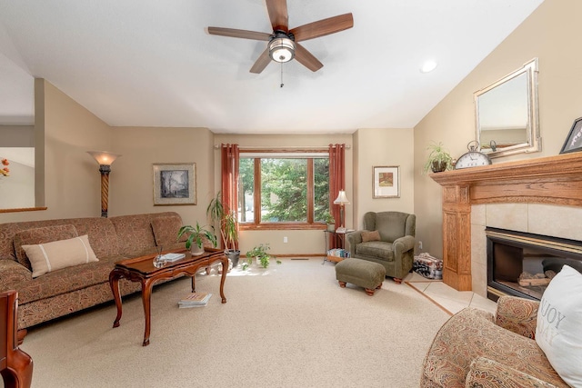 2045 Roberta Dr, North Mankato, MN 56003 - living room with ceiling fan, carpet floors, a fireplace, and lofted ceiling