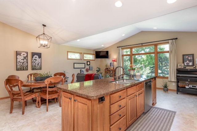 2045 Roberta Dr, North Mankato, MN 56003 - kitchen with vaulted ceiling, stainless steel dishwasher, an island with sink, decorative light fixtures, and recessed lighting