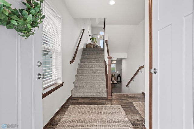 1592 69th Ave S, Fargo, ND 58104 - foyer entrance with dark wood finished floors, stairway, and recessed lighting