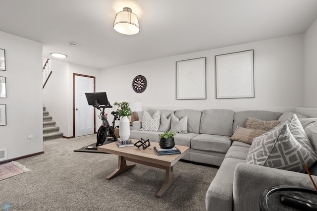 1592 69th Ave S, Fargo, ND 58104 - carpeted living room featuring stairway and baseboards