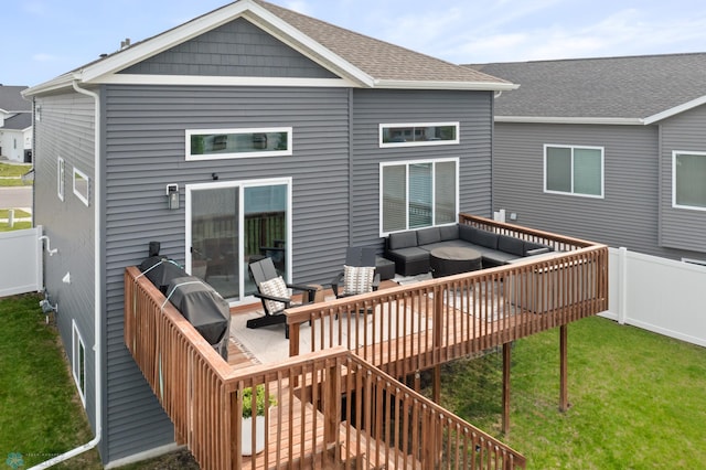 1592 69th Ave S, Fargo, ND 58104 - back of house featuring an outdoor hangout area, a deck, stairway, and roof with shingles