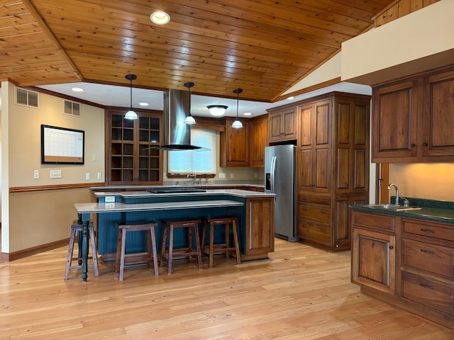 53030 254th Ave, Plainview Twp, MN 55964 - kitchen with stainless steel fridge with ice dispenser, island exhaust hood, wooden ceiling, a breakfast bar area, and light wood-style flooring
