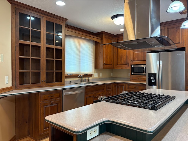 53030 254th Ave, Plainview Twp, MN 55964 - kitchen featuring island exhaust hood, stainless steel appliances, brown cabinets, light countertops, and recessed lighting