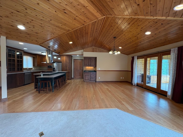 53030 254th Ave, Plainview Twp, MN 55964 - kitchen featuring stainless steel appliances, wooden ceiling, light wood-style floors, a chandelier, and lofted ceiling
