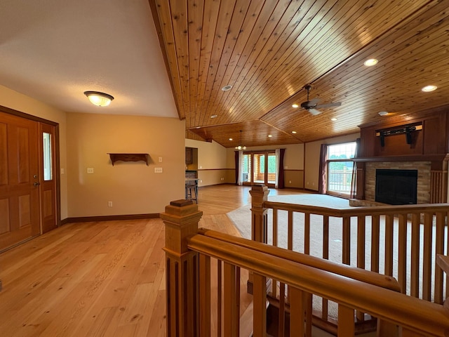 53030 254th Ave, Plainview Twp, MN 55964 - hallway with wooden ceiling, light wood-style flooring, an upstairs landing, and recessed lighting