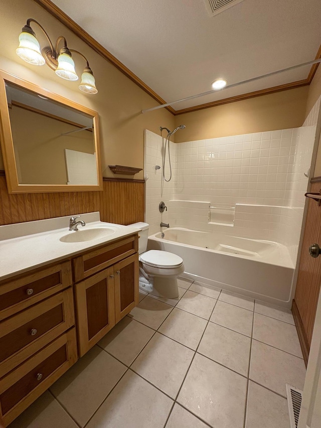 53030 254th Ave, Plainview Twp, MN 55964 - bathroom with bathtub / shower combination, vanity, ornamental molding, tile patterned floors, and wainscoting