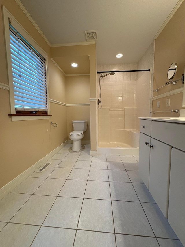 53030 254th Ave, Plainview Twp, MN 55964 - bathroom with tile patterned floors, a shower, vanity, and crown molding