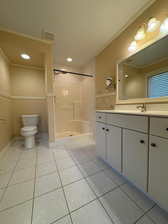53030 254th Ave, Plainview Twp, MN 55964 - full bathroom featuring tile patterned floors, walk in shower, vanity, and ornamental molding