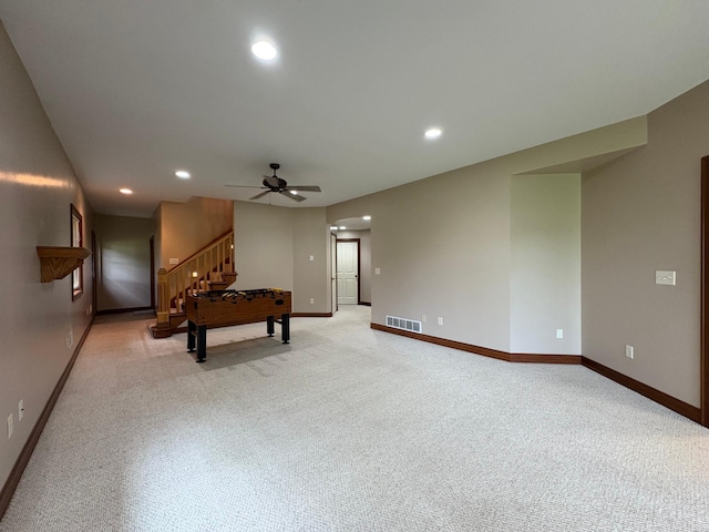 53030 254th Ave, Plainview Twp, MN 55964 - rec room with light colored carpet, recessed lighting, and ceiling fan