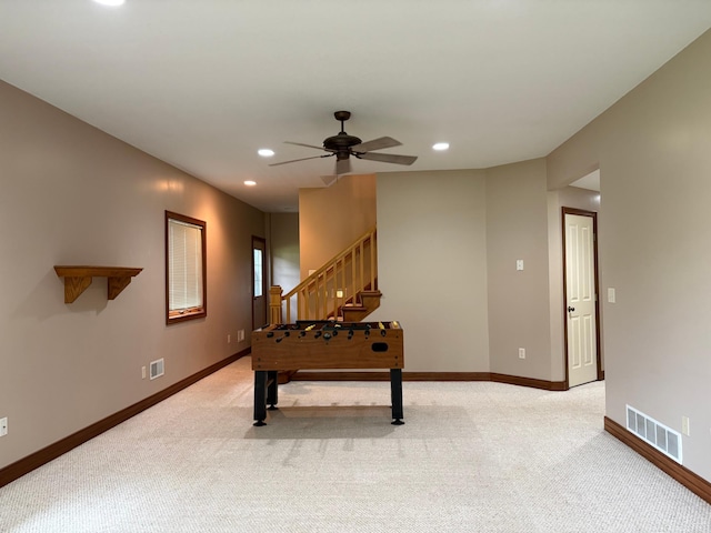 53030 254th Ave, Plainview Twp, MN 55964 - rec room featuring recessed lighting, light carpet, and ceiling fan