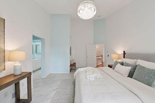 3725 Archer Ln N, Plymouth, MN 55446 - bedroom with light marble finish flooring, a chandelier, a towering ceiling, and ensuite bathroom