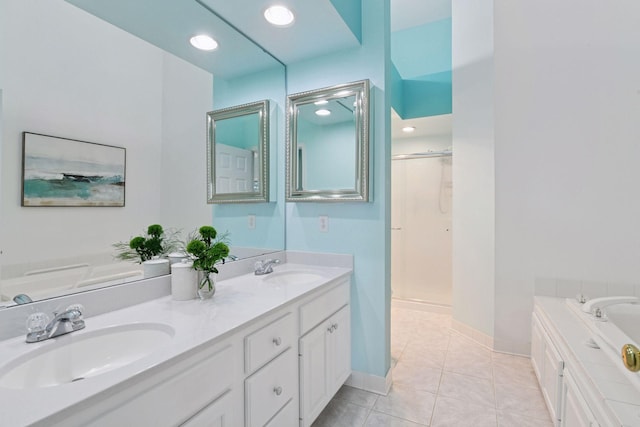 3725 Archer Ln N, Plymouth, MN 55446 - full bathroom featuring a bath, a stall shower, double vanity, tile patterned flooring, and recessed lighting