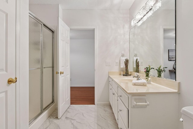 3725 Archer Ln N, Plymouth, MN 55446 - full bath with vanity, a stall shower, and marble look tiles