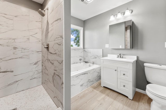 55170 Forest Blvd, Rush City, MN 55069 - bathroom featuring vanity, a garden tub, wood finished floors, and a marble finish shower