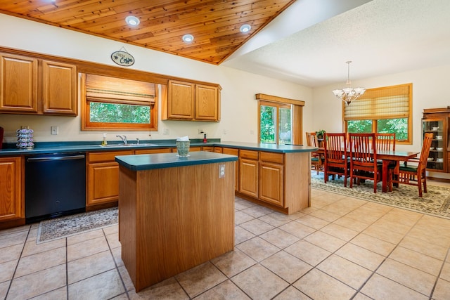W5136 Hale Ct, Farmington Twp, WI 54636 - kitchen featuring dishwasher, a kitchen island, dark countertops, a chandelier, and wood ceiling