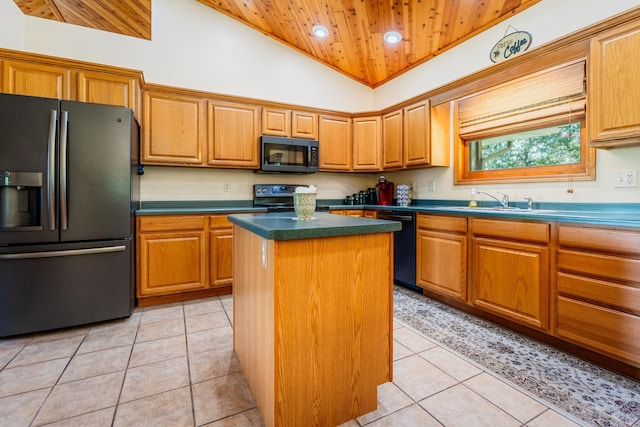W5136 Hale Ct, Farmington Twp, WI 54636 - kitchen with black appliances, wooden ceiling, a kitchen island, light tile patterned flooring, and dark countertops