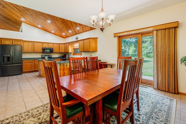 W5136 Hale Ct, Farmington Twp, WI 54636 - dining room with a chandelier, lofted ceiling, light tile patterned floors, recessed lighting, and wood ceiling