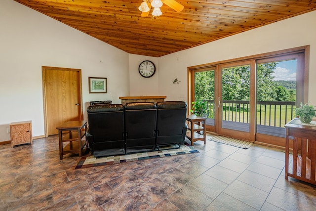 W5136 Hale Ct, Farmington Twp, WI 54636 - living area featuring wooden ceiling, ceiling fan, and lofted ceiling