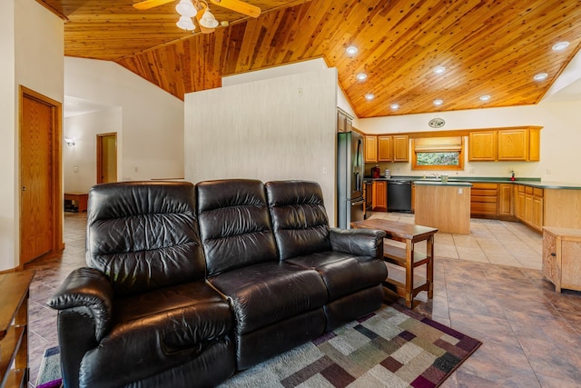 W5136 Hale Ct, Farmington Twp, WI 54636 - living area featuring wooden ceiling, a ceiling fan, recessed lighting, and high vaulted ceiling