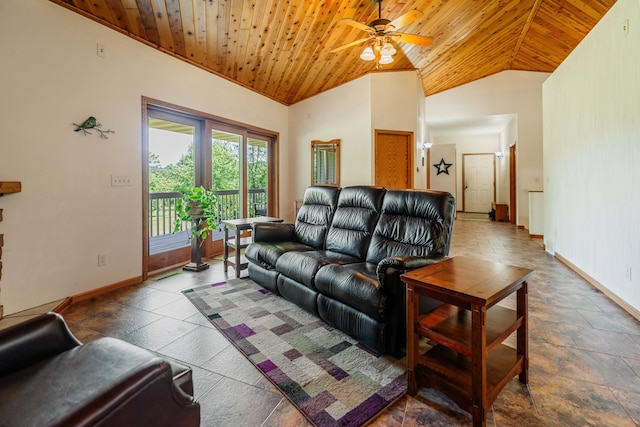 W5136 Hale Ct, Farmington Twp, WI 54636 - living room featuring wood ceiling, ceiling fan, high vaulted ceiling, and stone finish flooring
