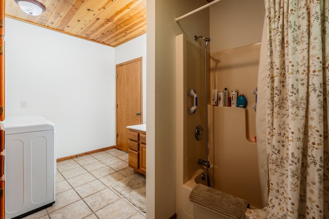 W5136 Hale Ct, Farmington Twp, WI 54636 - bathroom with washer / dryer, wooden ceiling, vanity, tile patterned floors, and shower / tub combo