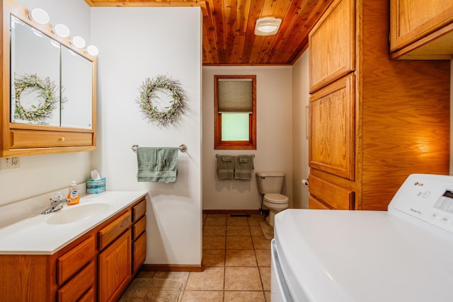 W5136 Hale Ct, Farmington Twp, WI 54636 - full bath featuring washer / clothes dryer, wood ceiling, vanity, tile patterned floors, and a bath