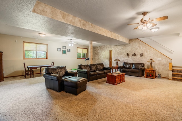 W5136 Hale Ct, Farmington Twp, WI 54636 - carpeted living area with a ceiling fan, a textured ceiling, and stairs