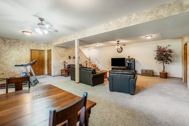 W5136 Hale Ct, Farmington Twp, WI 54636 - carpeted dining space featuring a ceiling fan, stairway, and a textured ceiling