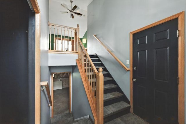 10374 61st St NE, Albertville, MN 55301 - stairway featuring a high ceiling and a ceiling fan