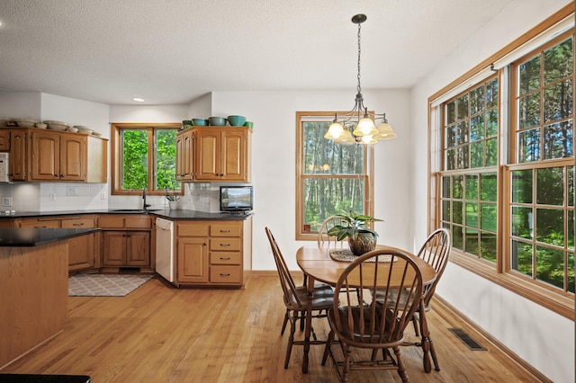 11691 115th St N, Grant, MN 55082 - dining space featuring a chandelier, light wood-type flooring, and a textured ceiling