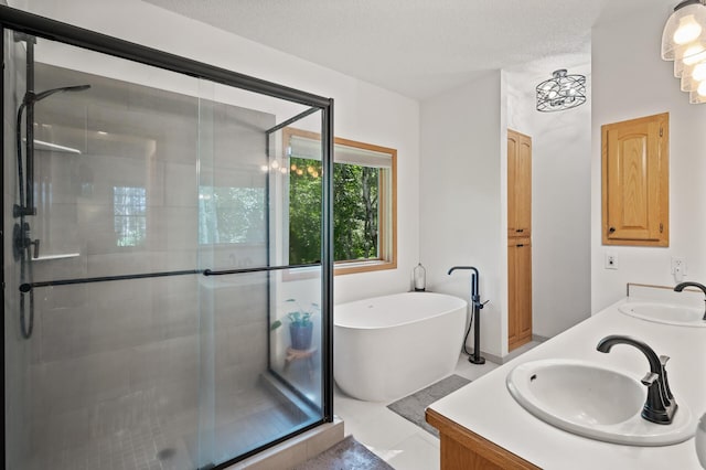 11691 115th St N, Grant, MN 55082 - bathroom featuring a stall shower, a soaking tub, double vanity, and a textured ceiling