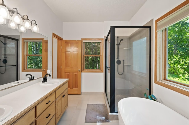 11691 115th St N, Grant, MN 55082 - full bathroom featuring a stall shower, double vanity, a soaking tub, and tile patterned flooring