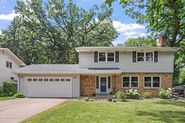 1762 Canyon Ln, New Brighton, MN 55112 - traditional-style home with an attached garage, brick siding, a front yard, a chimney, and concrete driveway